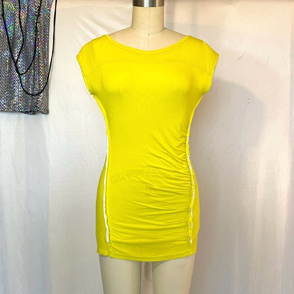Line White & Neon Yellow Cap Sleeve Top  Raw Edges Side Gathering size XS - Picture 4 of 6